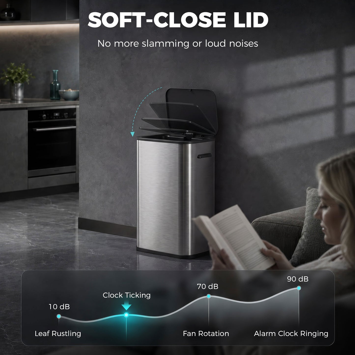 HOMCOM 55L Sensor Bin for Kitchen, Touchless Automatic Waste Rubbish Bin, Stainless Steel, Battery Operated, Silver Tone