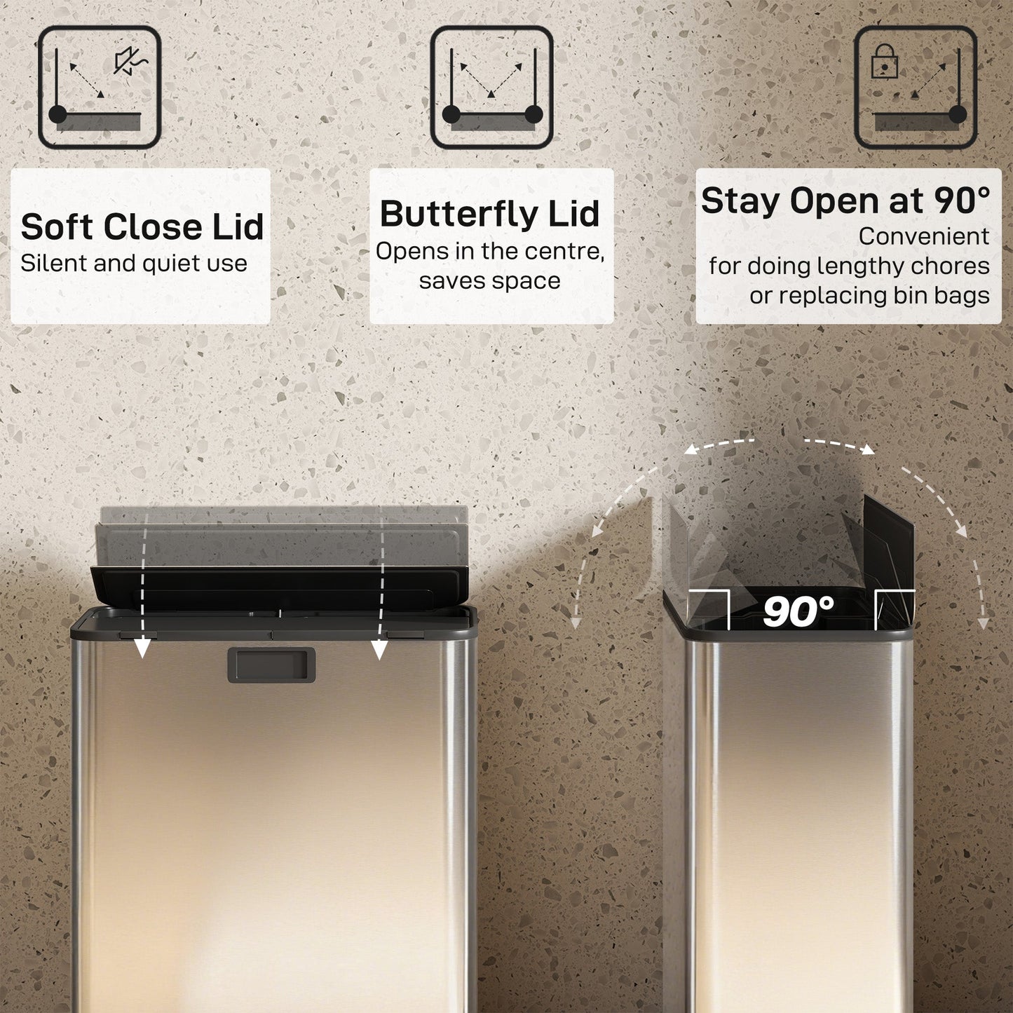 HOMCOM Dual Kitchen Bin with Soft-Close Butterfly Lid, 2 x 28L Stainless Steel Pedal Bin with Removable Inner Buckets, Fingerprint-Proof for Recycling and Waste, Silver Tone