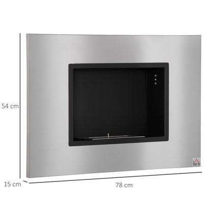 HOMCOM Wall Mounted Ethanol Fireplace, Stainless Steel Bioethanol Heater Stove Fire with 1.2L Tank, 3 Hour Burning Time, 78 x 54 cm, Silver