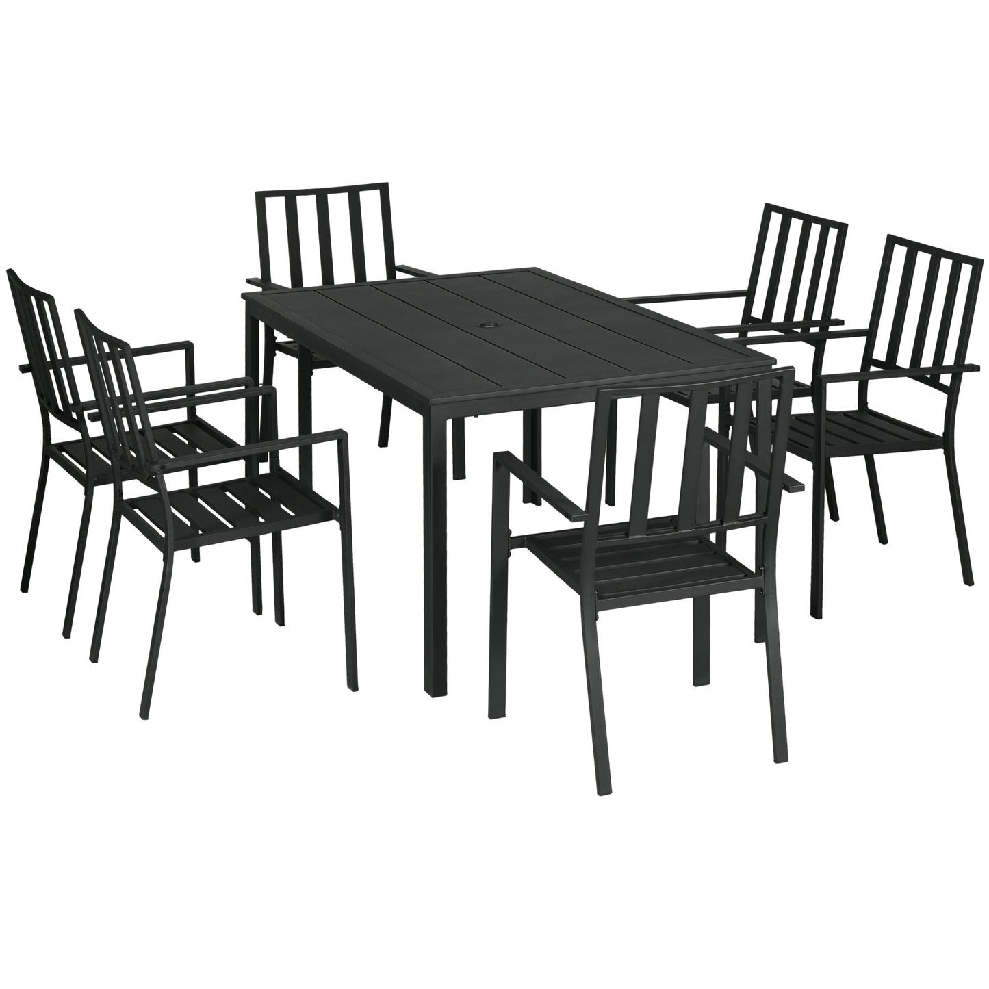 Outsunny 7 Pieces Garden Dining Set, Outdoor Table and 6 Stackable Chairs, Metal Top Table with Umbrella Hole, Black