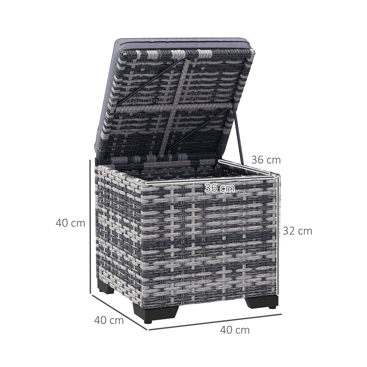 Outsunny Set of 2 Rattan Storage Ottoman, Outdoor Footstool with Removable Cushions, Garden Storage Seat for Balcony, Porch, Living Room, Dark Grey