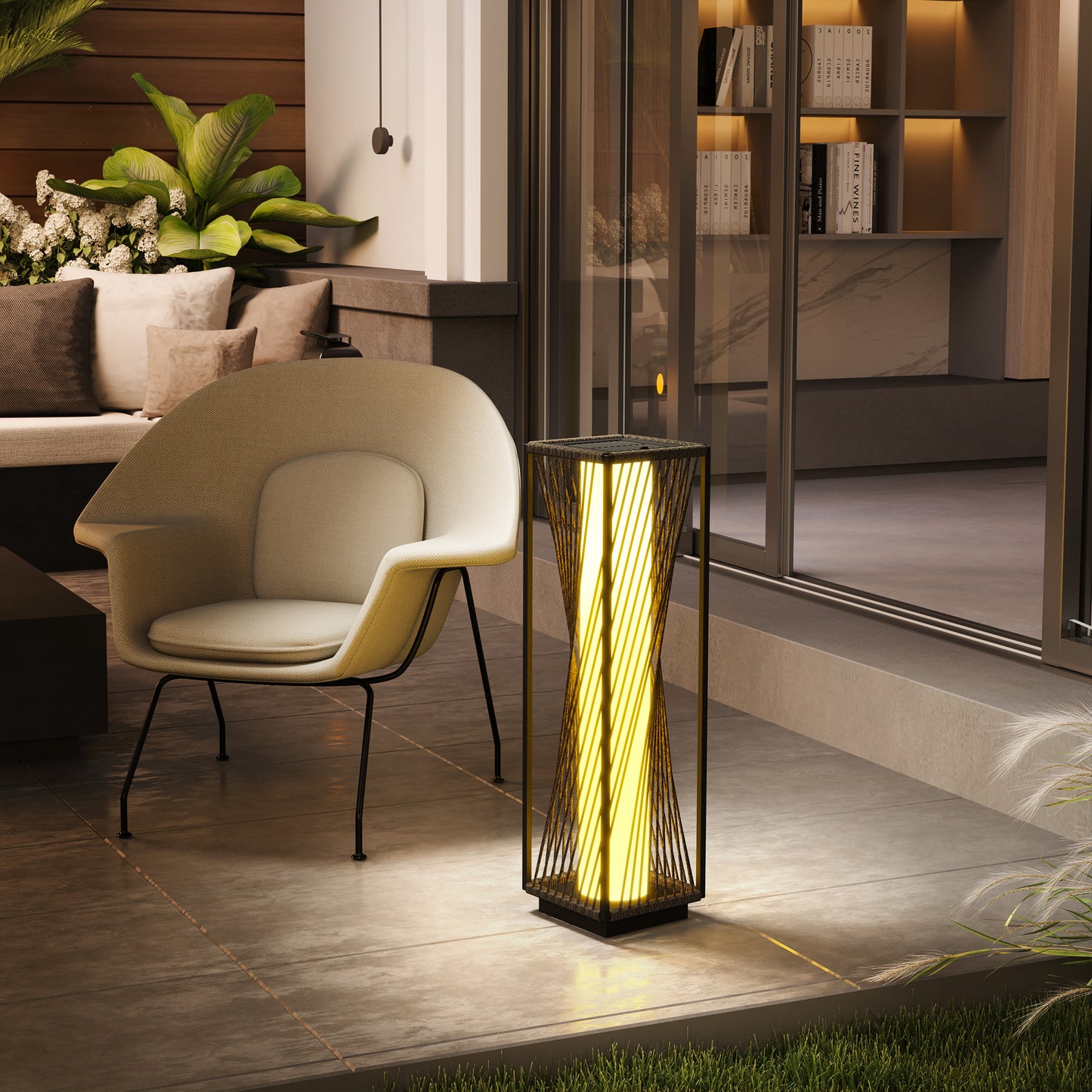 Outsunny Garden Rattan Lamp, 77 cm Tall Solar Rattan Floor Lamp, Solar Garden Light z automatycznym włączaniem/wyłączaniem świateł LED, IP44 Wodoodporny do użytku na zewnątrz, na ganku, ścieżce, tarasie, szary