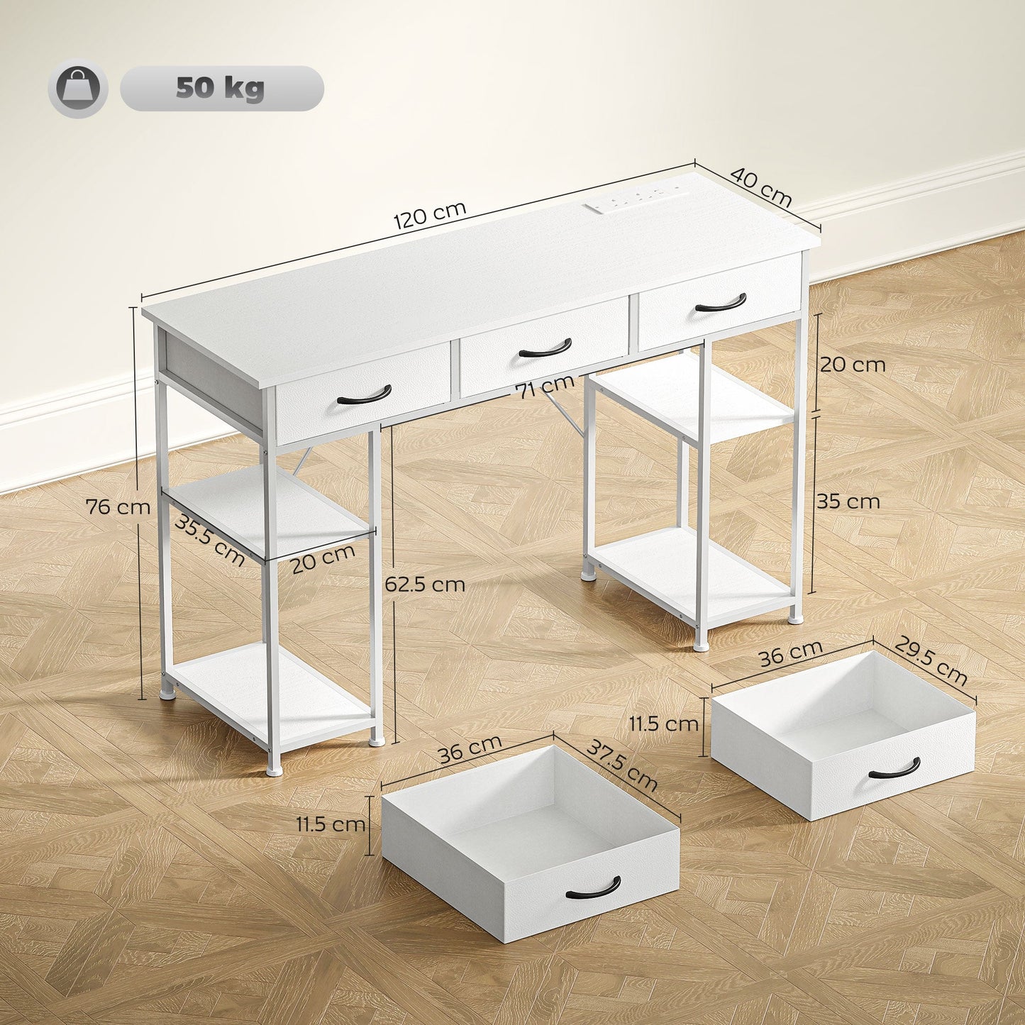 HOMCOM 120cm Biurko komputerowe z gniazdkami elektrycznymi, biurko do nauki z 3 szufladami z materiału i 4 półkami do przechowywania, białe