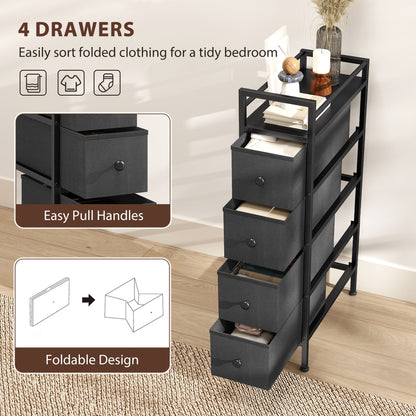 HOMCOM 4 Drawer Fabric Dresser Chest of Drawers, Slim Storage Cabinet with Steel Frame for Small Spaces, Bedroom, Black