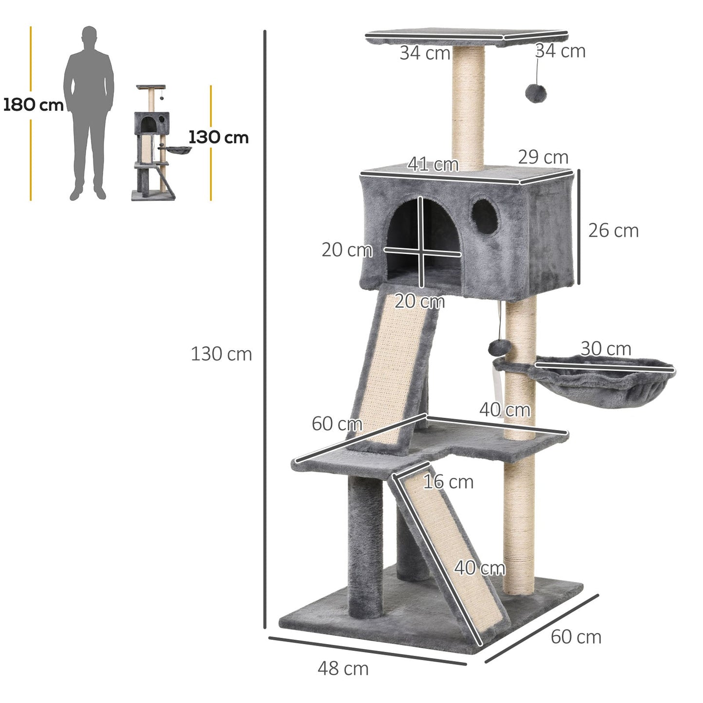 PawHut 130cm Cat Tree for Indoor Cats Activity Center with Condo Scratching Post Ladders Kitty Climbing Tower Relaxing Playing