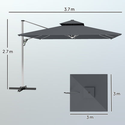 Outsunny 3(m) Parasol ogrodowy z wysięgnikiem i lampami LED zasilanymi energią słoneczną, podstawa krzyżowa, obrót 360√Ç¬∞, korba i pochylenie, szary