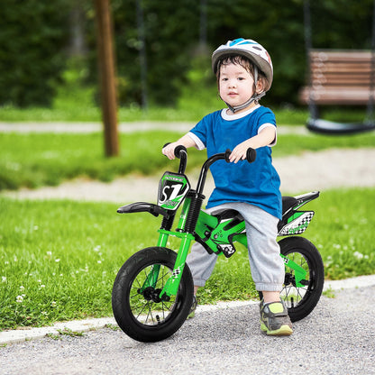 12" Kids Balance Bike, No Pedal Training Bicycle, Motorbike Look, Steel Frame with Air Filled Tire, Handlebar, PU Seat for 3-6 Years Old, Green