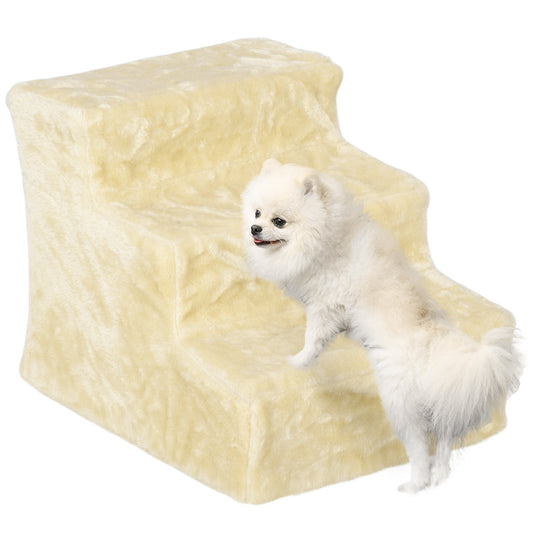 PawHut Three-Step Dog Stairs, with Washable Plush Cover, for High Bed Sofa, Dog Stairs for Small Dog and Cat - Beige