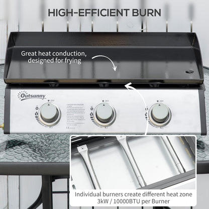 Outsunny Gas Plancha Barbecue Grill with 3 Stainless Steel Burner, 9kW, Portable Tabletop Gas BBQ with Non-Stick Griddle for Camping Picnic Garden Party Festival