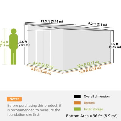 Outsunny 11,3 x 9,2 ft Lean to Metal Garden Shed, zewnętrzny ocynkowany domek do przechowywania narzędzi z podwójnymi drzwiami przesuwnymi i 2 otworami wentylacyjnymi, szary