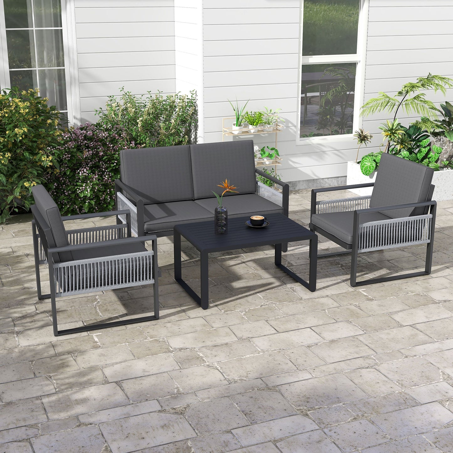 Outsunny Four-Piece Aluminium Garden Dining Set, with Cushions