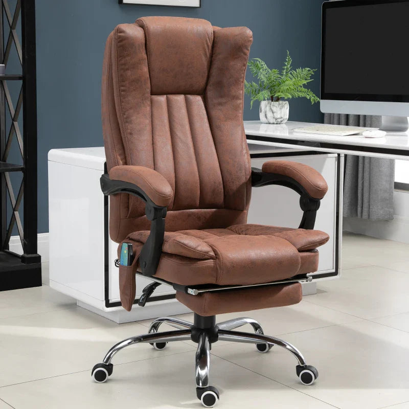 Vinsetto Reclining Office Chair with Massage and Heat, Microfibre Computer Desk Chair with Footrest for Home with Adjustable Height, Padded Arm, Swivel Wheels, Brown