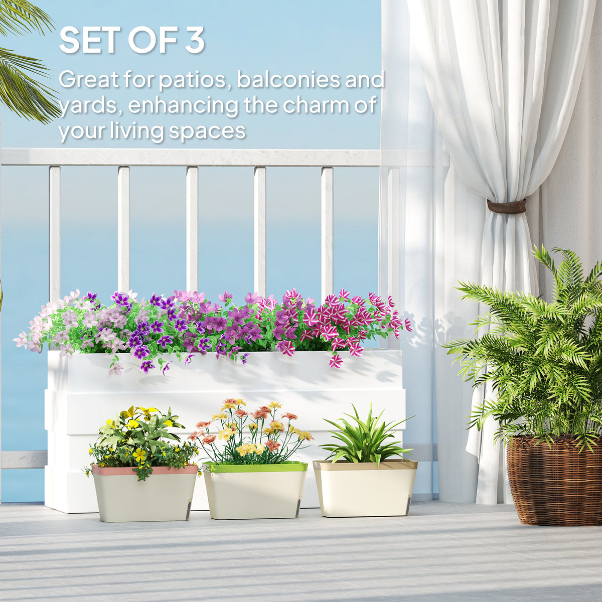 Outsunny Set of 3 Self Watering Plant Pots Outdoor, 27cm Rectangular Garden Planters with Visual Water Level Window, Plastic Flower Pots for Indoor Outdoor Garden Balcony
