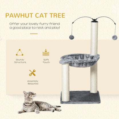 PawHut 83cm Cat Tree Tower with Sisal Scratching Post Hammock Interactive Ball Toy Kitten Play House Activity Center Furniture Grey