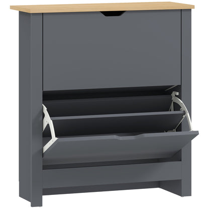 HOMCOM Slim Shoe Cabinet, Narrow Shoe Cupboard with 2 Flip Drawers, Adjustable Shelves for 12 Pairs of Shoes, Charcoal Grey