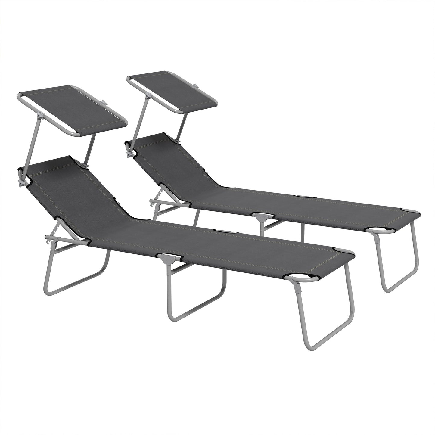 Outdoor Foldable Sun Lounger Set of 2 Reclining  Chair With Angle Adjust Sun Shade Awning for Beach, Garden, Patio, Grey