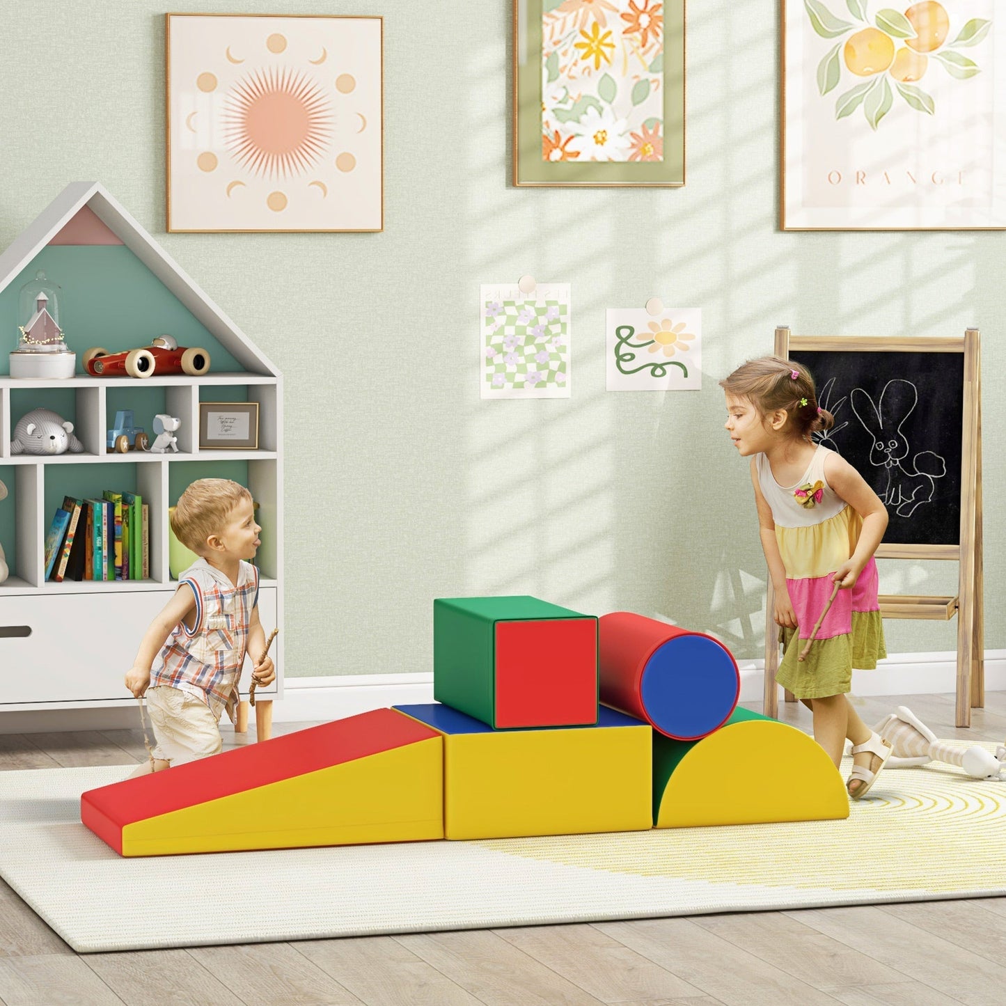 HOMCOM 5 Piece Soft Safe Foam Playset, Climb and Crawl Activity Toy for Toddlers, Yellow