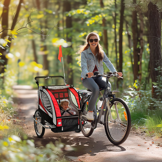HOMCOM Child Bike Trailer Baby Bicycle Trailer 360¡ Rotatable for 2 Kids with Steel Frame LED Hitch Coupler Red