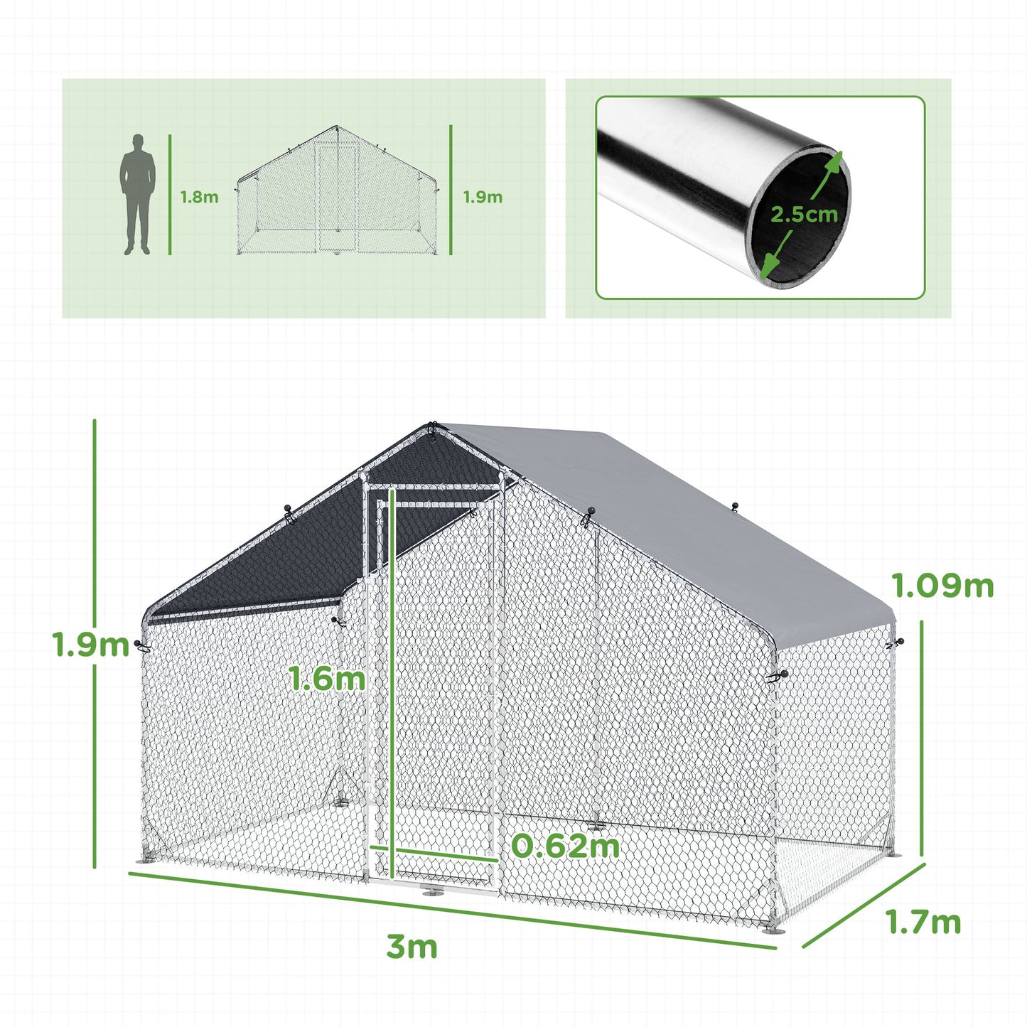 PawHut Galvanised Walk In Chicken Coop Hen House w/ Water-Resist Cover, 3 x 1.7 x 1.9m