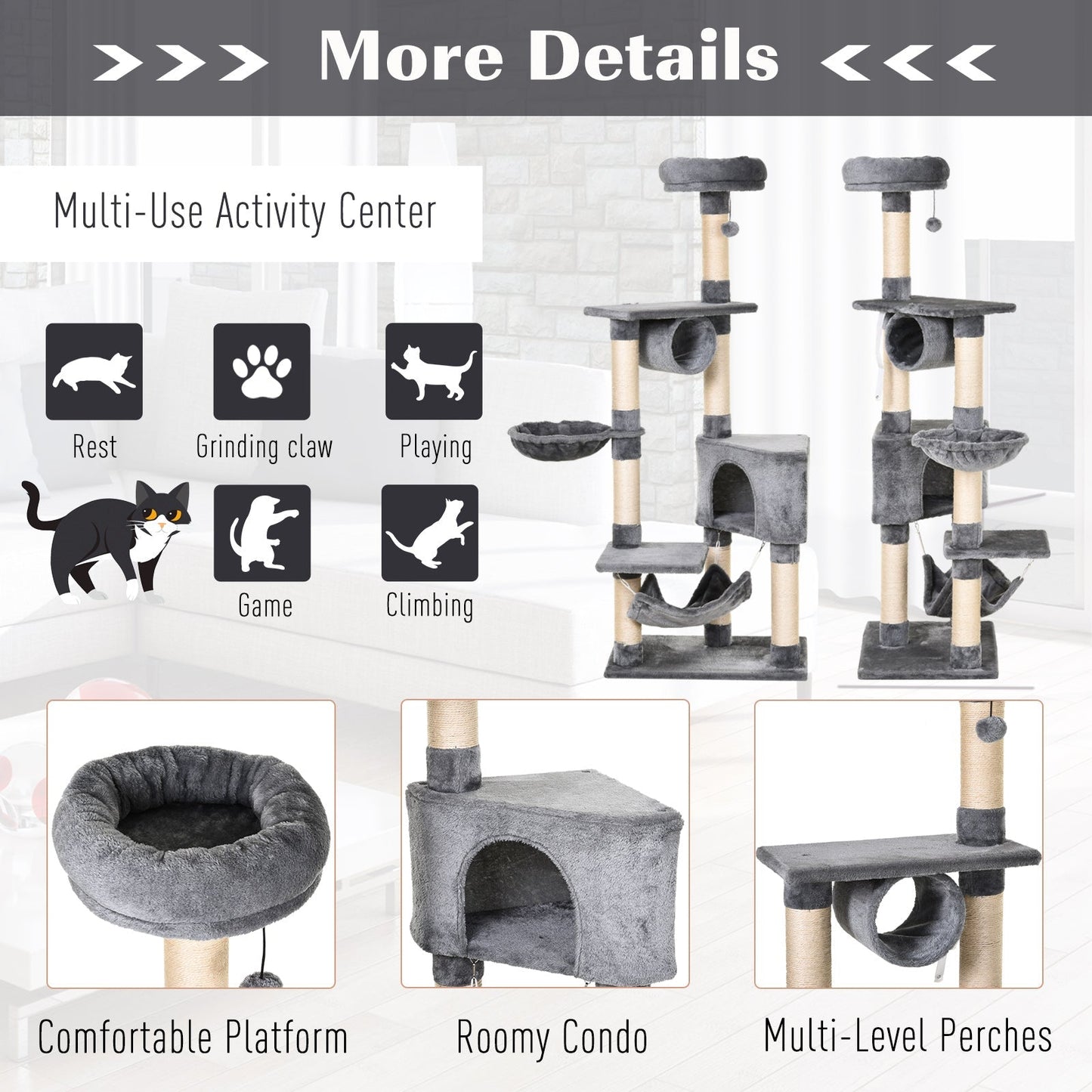 PawHut Cat Tree Condo Tower Multi-level Height 150CM  Kittens Activity Stand House with Toys & Various Scratching Posts