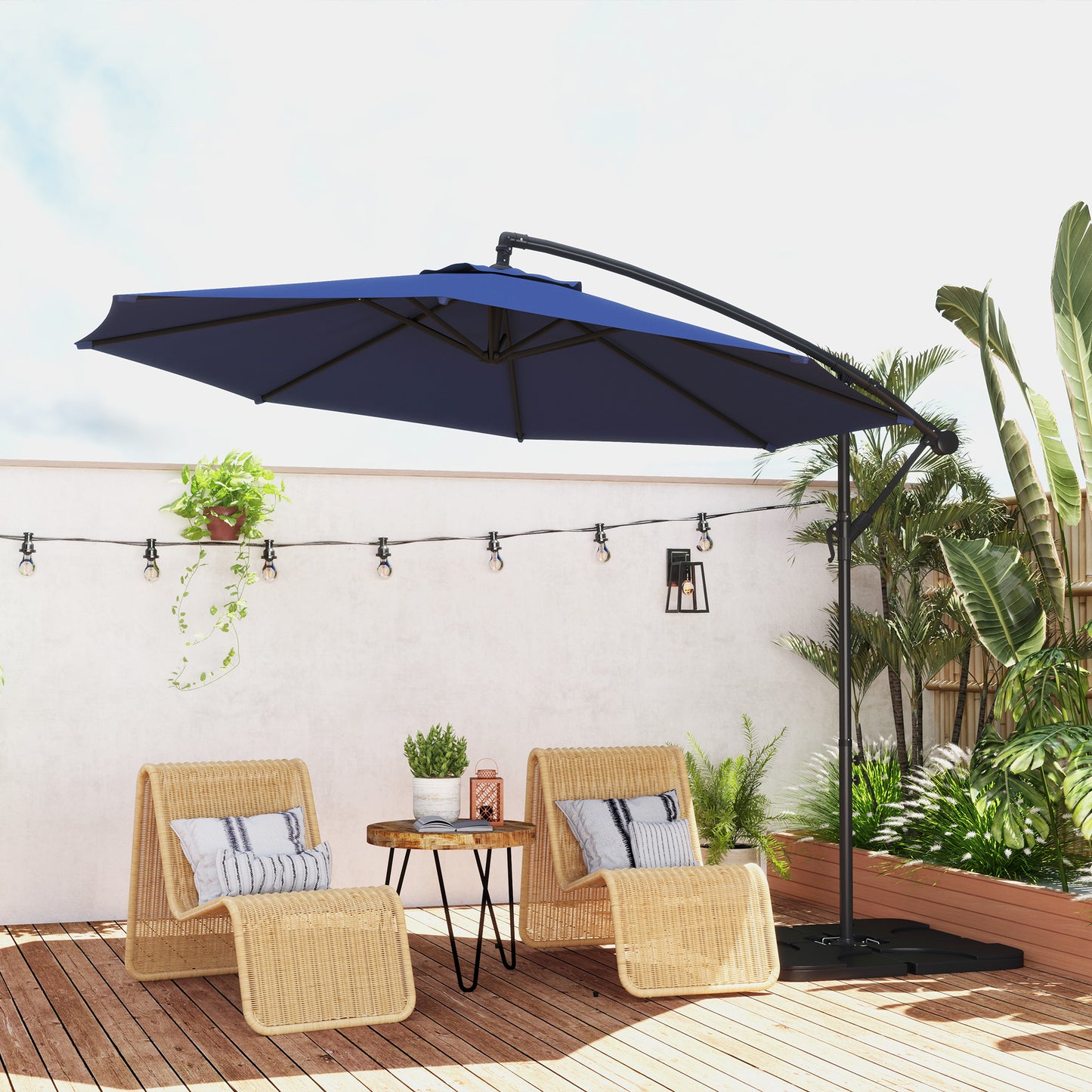 Parasol wiszący Outsunny 3m z podstawą, obciążnikami i pokrowcem – niebieski