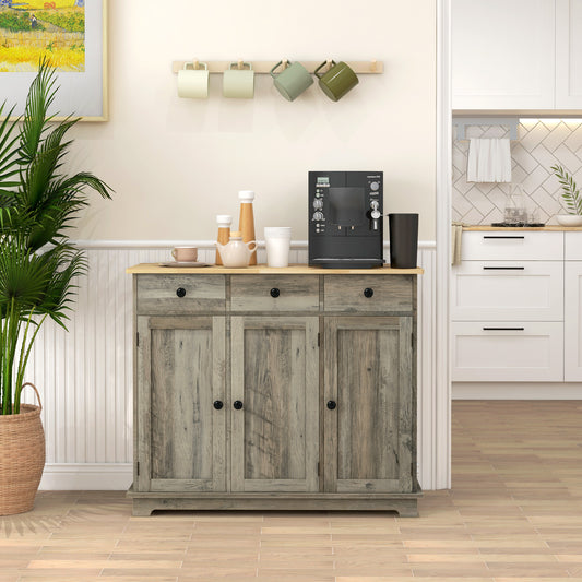 HOMCOM Sideboard with Rubber Wood Top, Modern Storage Cabinet, Kitchen Cupboard with 3 Doors, 3 Drawers and 3 Adjustable Shelves for Dining Room, Living Room, Grey Wood-Effect