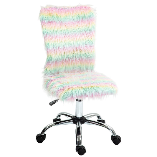 HOMCOM Armless Computer Desk Chair, Fluffy Fabric Swivel Office Chair, Makeup Vanity Chair with Height Adjustable, Wheels, for Home Study Bedroom, Unicorn Tone