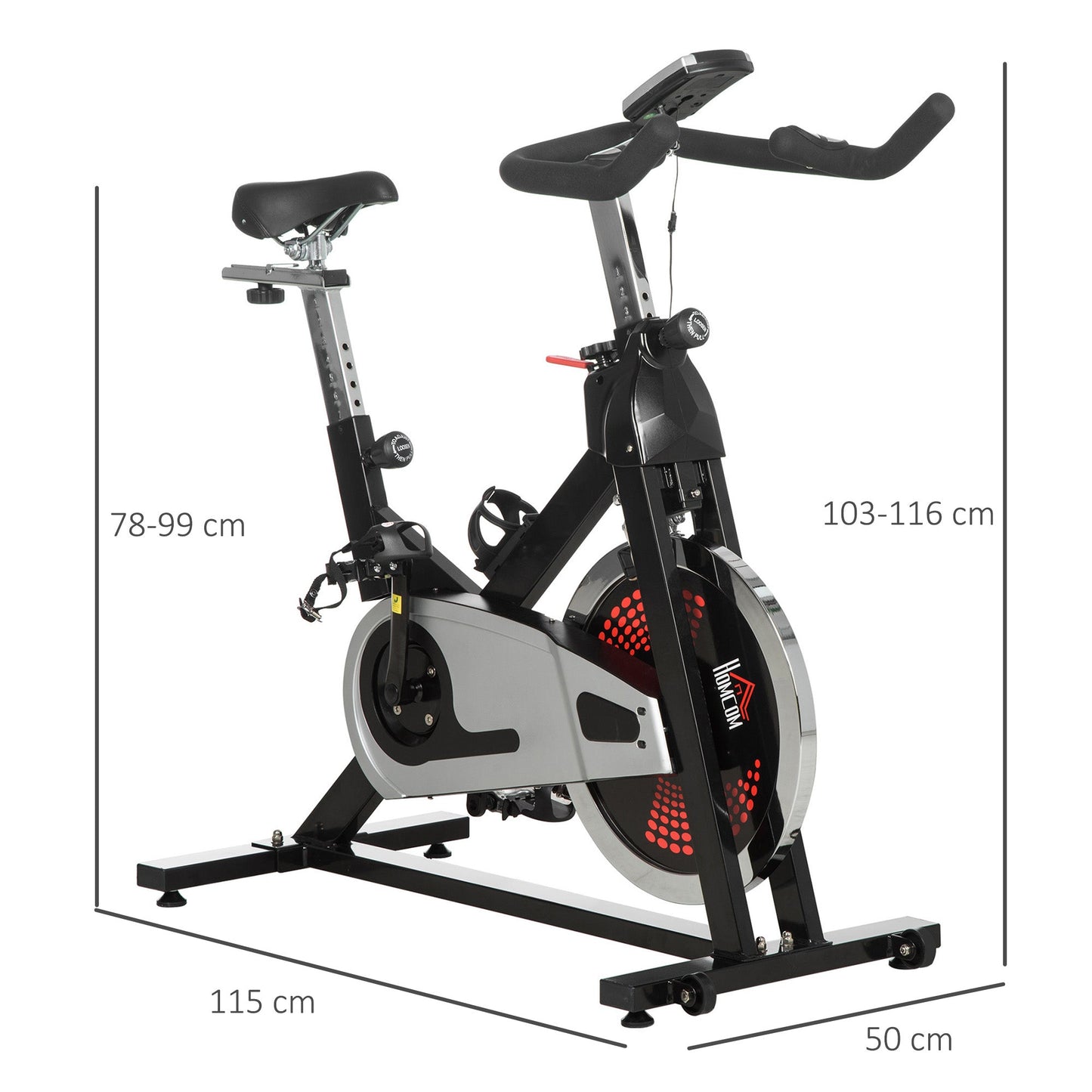 Indoor Exercise Bike, Stationary Bike, Cycling Machine with Adjustable Seat & Resistance, Wheels, 18kg Flywheel, Cup Holder and LCD Monitor