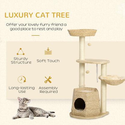 PawHut Cat Tree Activity Centre, with Cattail, Bed, Cat House, Sisal Post, Ball - Natural Tone