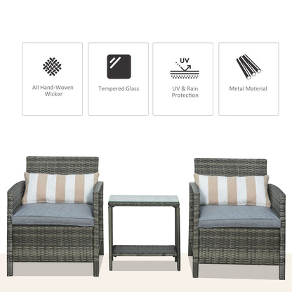 Outsunny Garden Rattan Furniture 3 قطع فناء بيسترو مجموعة كرسي أريكة وطاولة منسوجة من الخيزران مع وسادة وسادة - رمادي