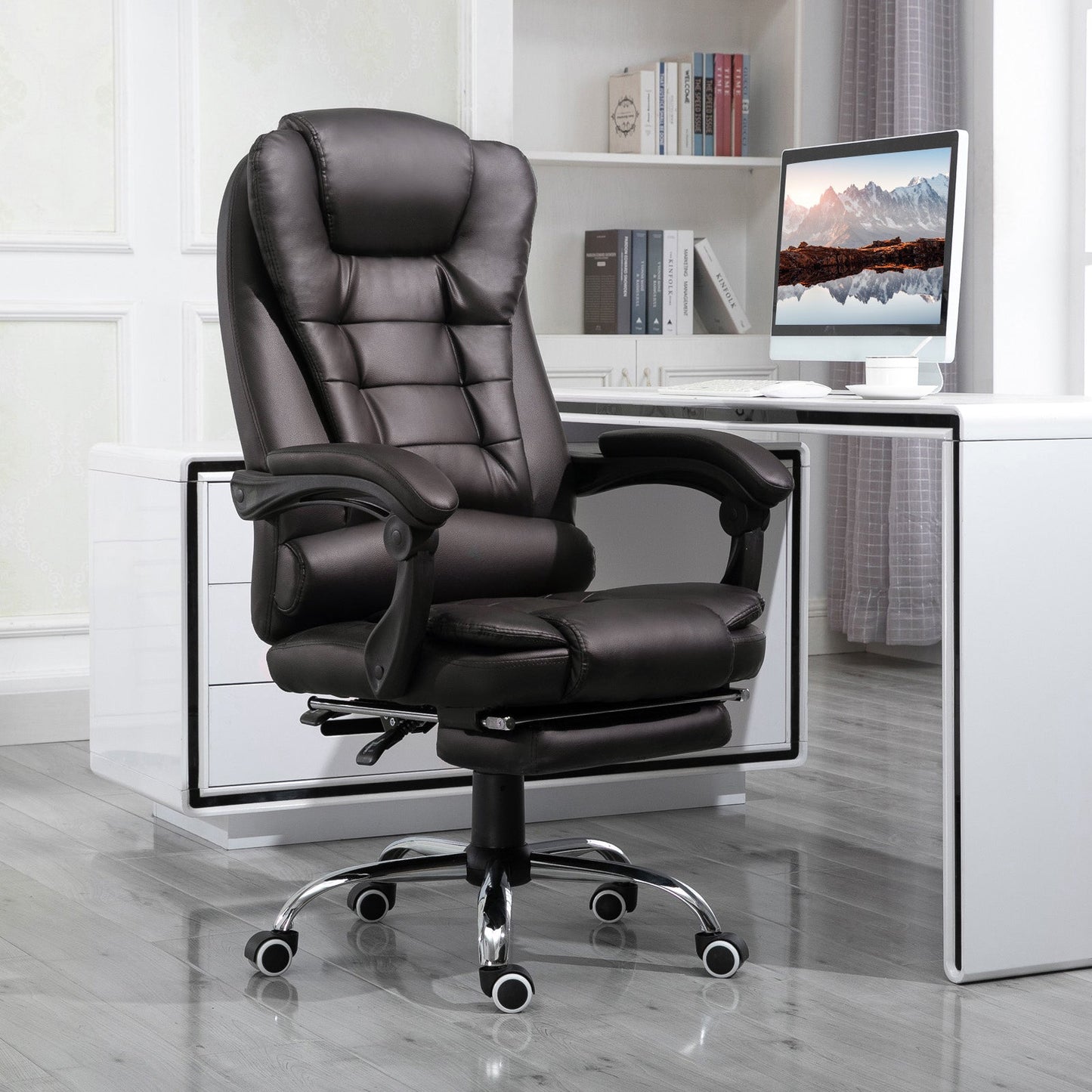 PU Leather Executive Office Chair, High Back Swivel Chair with Retractable Footrest, Adjustable Height, Reclining Function, Brown