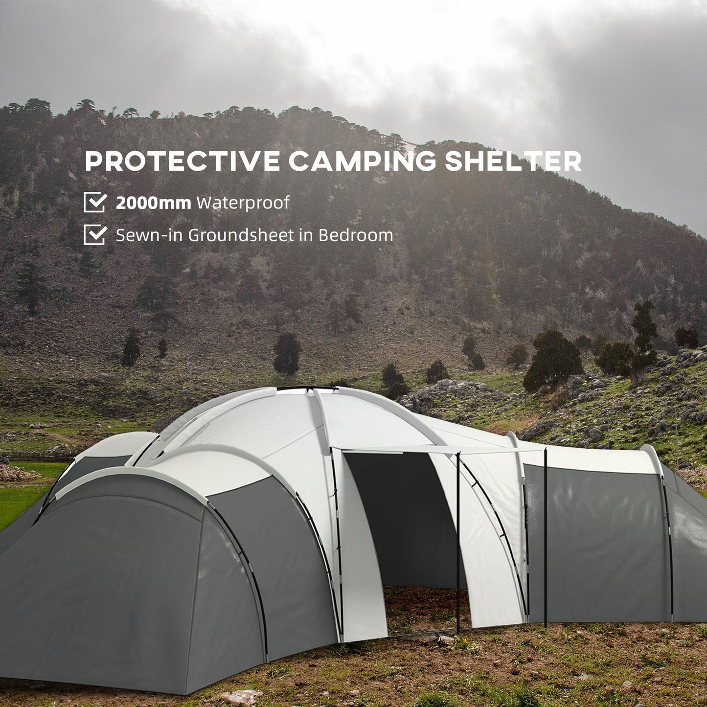 Outsunny 6-9 Man Tent with Bedrooms and Living Room, Accessories Included, Dark Grey