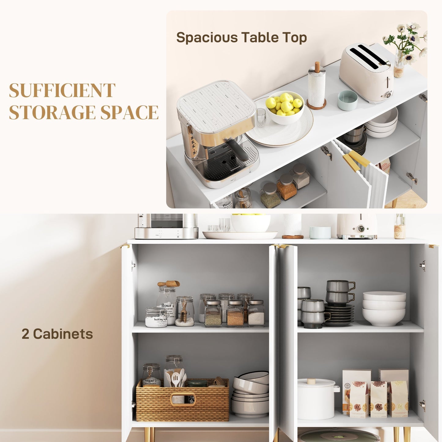 HOMCOM Sideboard Buffet Cabinet, Modern Kitchen Storage Cabinet with 4 Doors and Adjustable Shelves, Living Room Cabinet with Metal Legs for Hallway, White