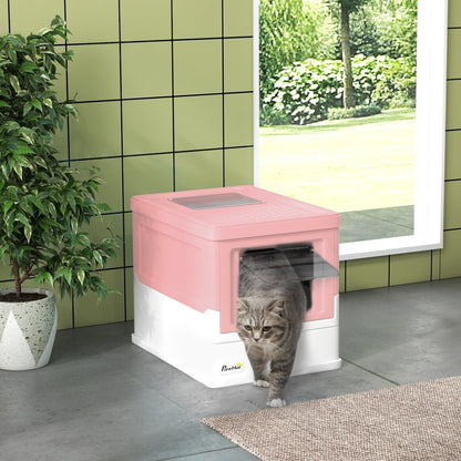 PawHut Hooded Cat Litter Box, przenośna toaleta dla zwierząt, z łopatką, wejście z przodu - różowa