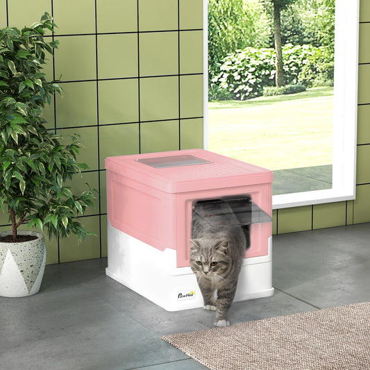 PawHut Hooded Cat Litter Box, przenośna toaleta dla zwierząt, z łopatką, wejście z przodu - różowa