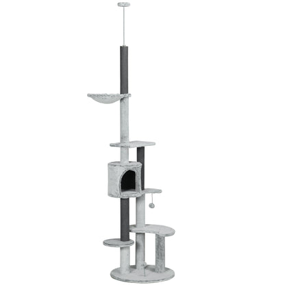 PawHut 255cm Floor to Ceiling Cat Tree with Scratching Posts, Height Adjustable Cat Tower with Hammock, House, Anti-tipping Kit, Perches, Toys, Grey