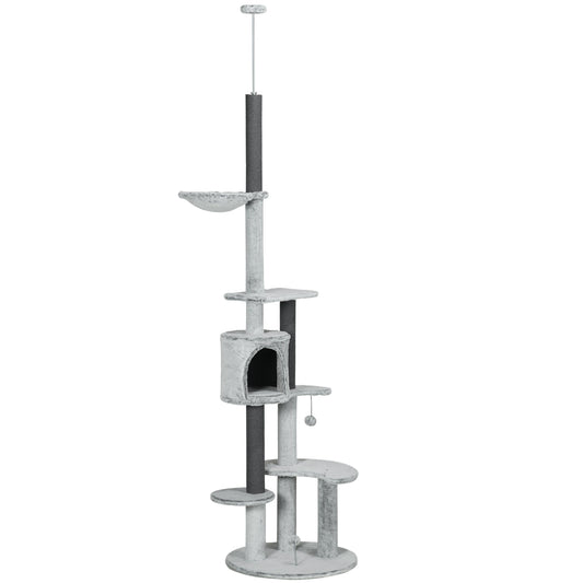 PawHut 255cm Floor to Ceiling Cat Tree with Scratching Posts, Height Adjustable Cat Tower with Hammock, House, Anti-tipping Kit, Perches, Toys, Grey