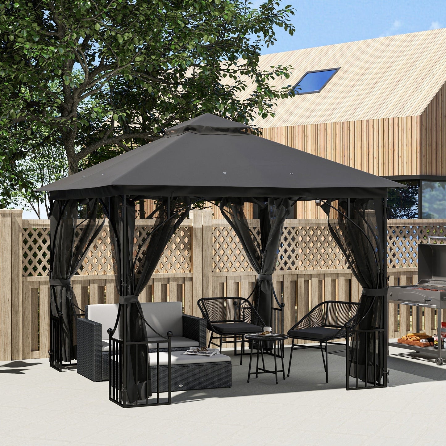 Outsunny 3 x 3m Garden Gazebo Patio Party Tent Shelter Outdoor Canopy Double Tier Sun Shade with Metal Frame and Netting, Dark Grey