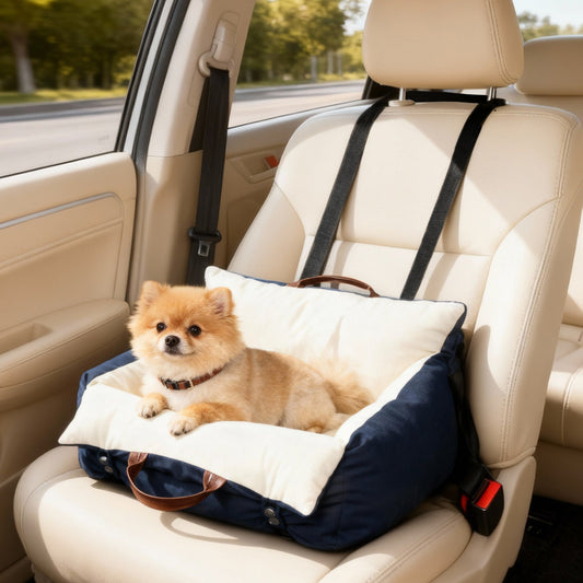 PawHut Dog Car Seat, Cosy Pet Car Booster Seat for Small Dog Under 5 KG, Portable Travel Bed with Safety Belts, Navy Blue
