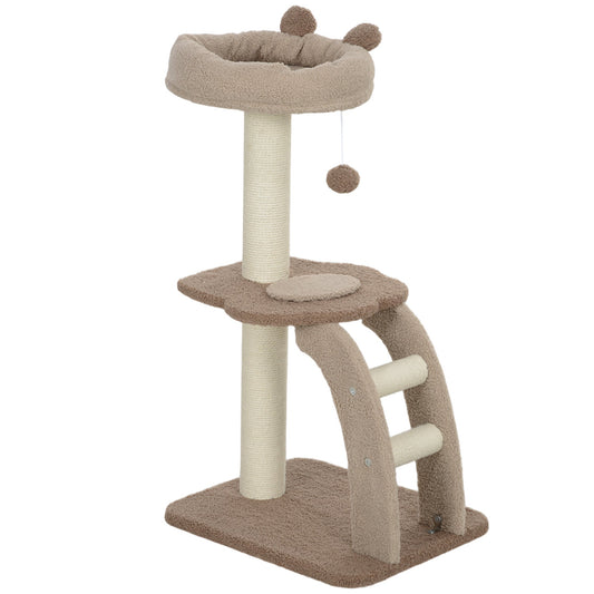 PawHut Cat Tree dla kotów domowych, 88 cm wieża dla kota z sizalowym słupkiem do drapania, wisząca piłka, duża grzęda dla kota, schody, brązowy
