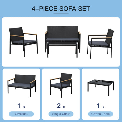 Zestaw mebli ogrodowych Outsunny 4PC z rattanu 2 pojedyncze sofy, fotele, 1 ławka z poduszkami i stolik kawowy Patio Backyard Wicker Weave