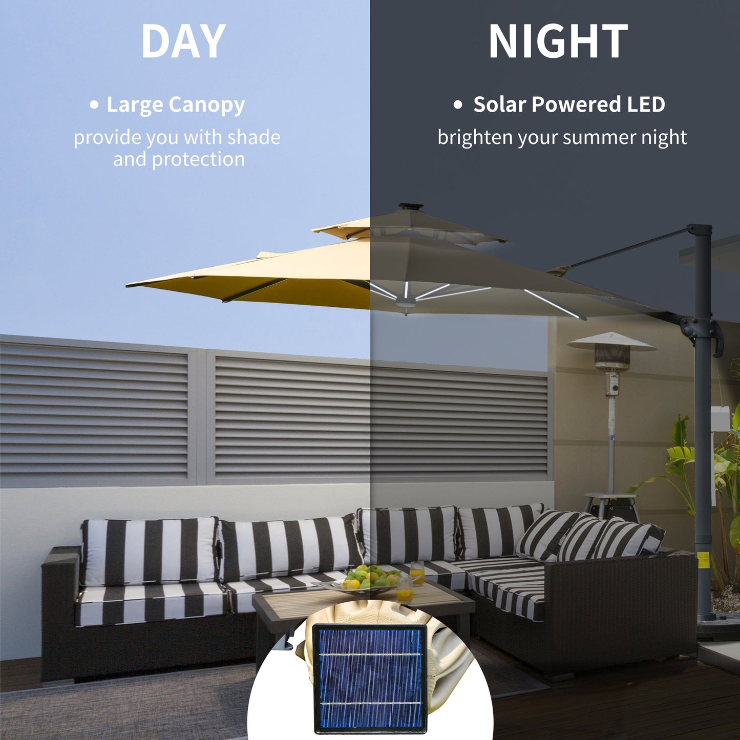 Outsunny 3m Cantilever Parasol w/ Solar Lights Power Bank Cross Base مظلة قابلة للتعديل 360 درجة تدور في الهواء الطلق مظلة حديقة 2-Tier Roof Sun Shade كاكي