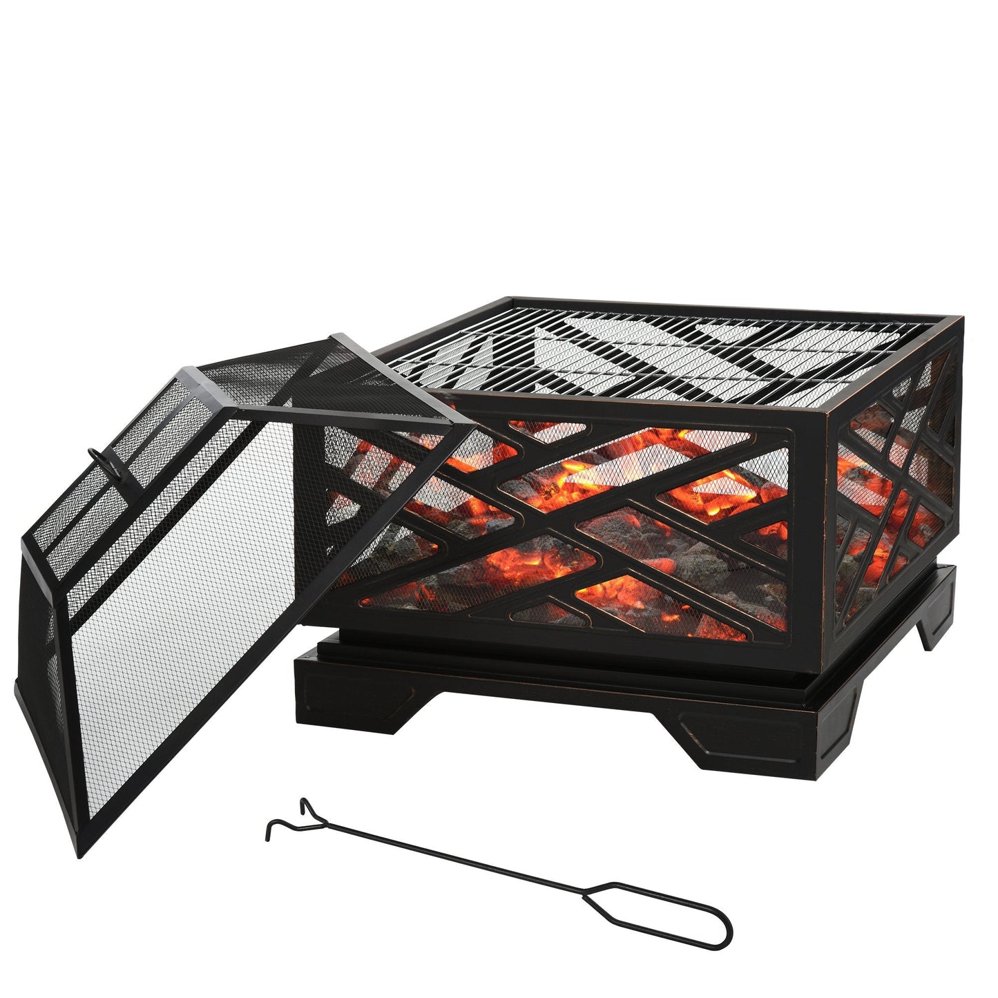 Outsunny 66cm 2 in 1 Square Fire Pit Metal Brazier for Garden, Patio with BBQ Grill Shelf & Spark Screen Cover & Poker, Black