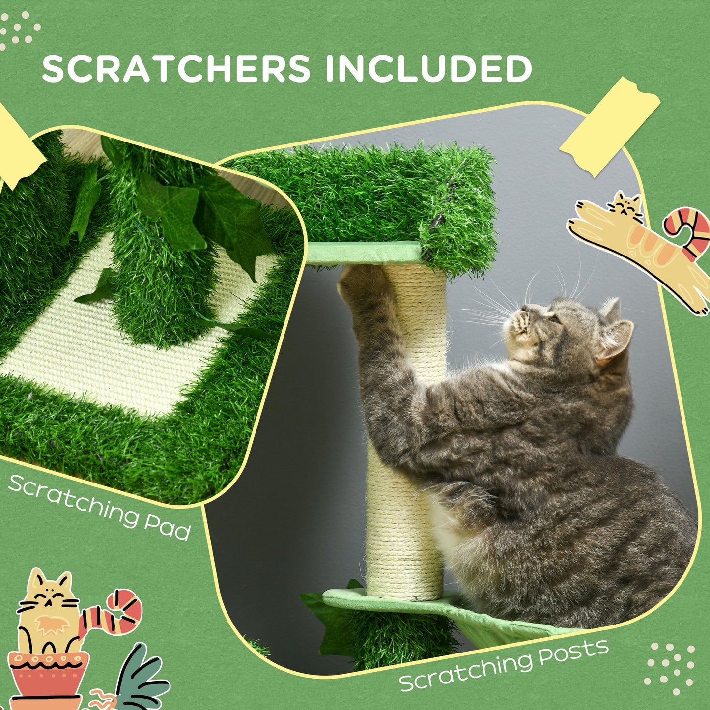 PawHut 77cm Cat Tree for Indoor Cats with Green Leaves, Scratching Posts, Hammock - Green