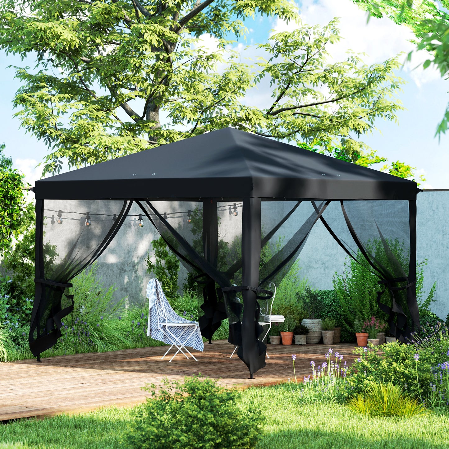 Outsunny 3 x 3√Ç m Pop Up Gazebo, 420D Baldachim ogrodowy z odpinaną siatką boczną, torba transportowa do ogrodu, patio, na zewnątrz, czarny