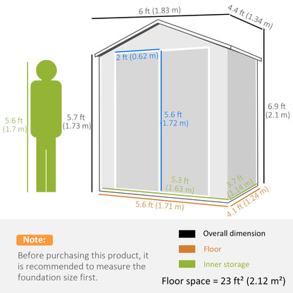 Outsunny 6'x4.5' Garden Storage Shed, Lockable Garden Shed with Double Doors, Window, Vent and Plastic Roof, Grey