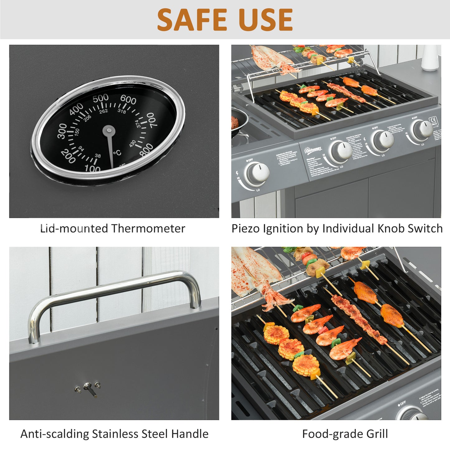 Outsunny 3+1 palnikowy grill gazowy, wózek do grilla na zewnątrz z kółkami, ruszt do podgrzewania, półki boczne, szafka, termometr do ogrodu, na imprezę, kemping, 110L x 50W x 100Hcm, szary