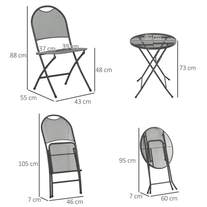طقم بيسترو للحديقة من Outsunny مكون من 3 قطع مع طاولة قهوة خارجية معدنية شبكية قابلة للطي وكرسيين باللون الرمادي الداكن