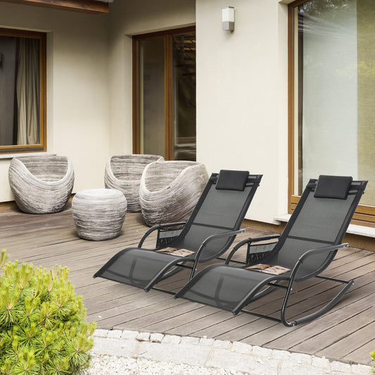 Outsunny 2PCs Outdoor Garden Rocking Chair, Patio Sun Lounger Rocker Chair z oddychającą siateczkową tkaniną, zdejmowana poduszka zagłówka, podłokietnik, boczna torba do przechowywania, czarny