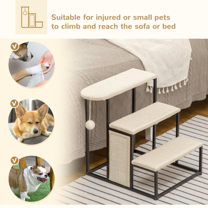 PawHut Three-Step Pet Stairs, with Sisal Scratching Board, Toy Hanging Ball, Steel Frame